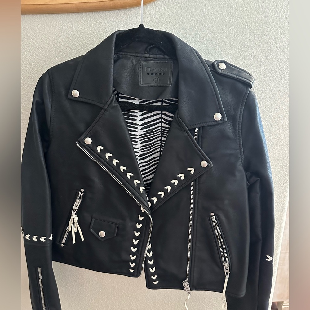 BLANK NYC Motto Leather Jacket with White pipping